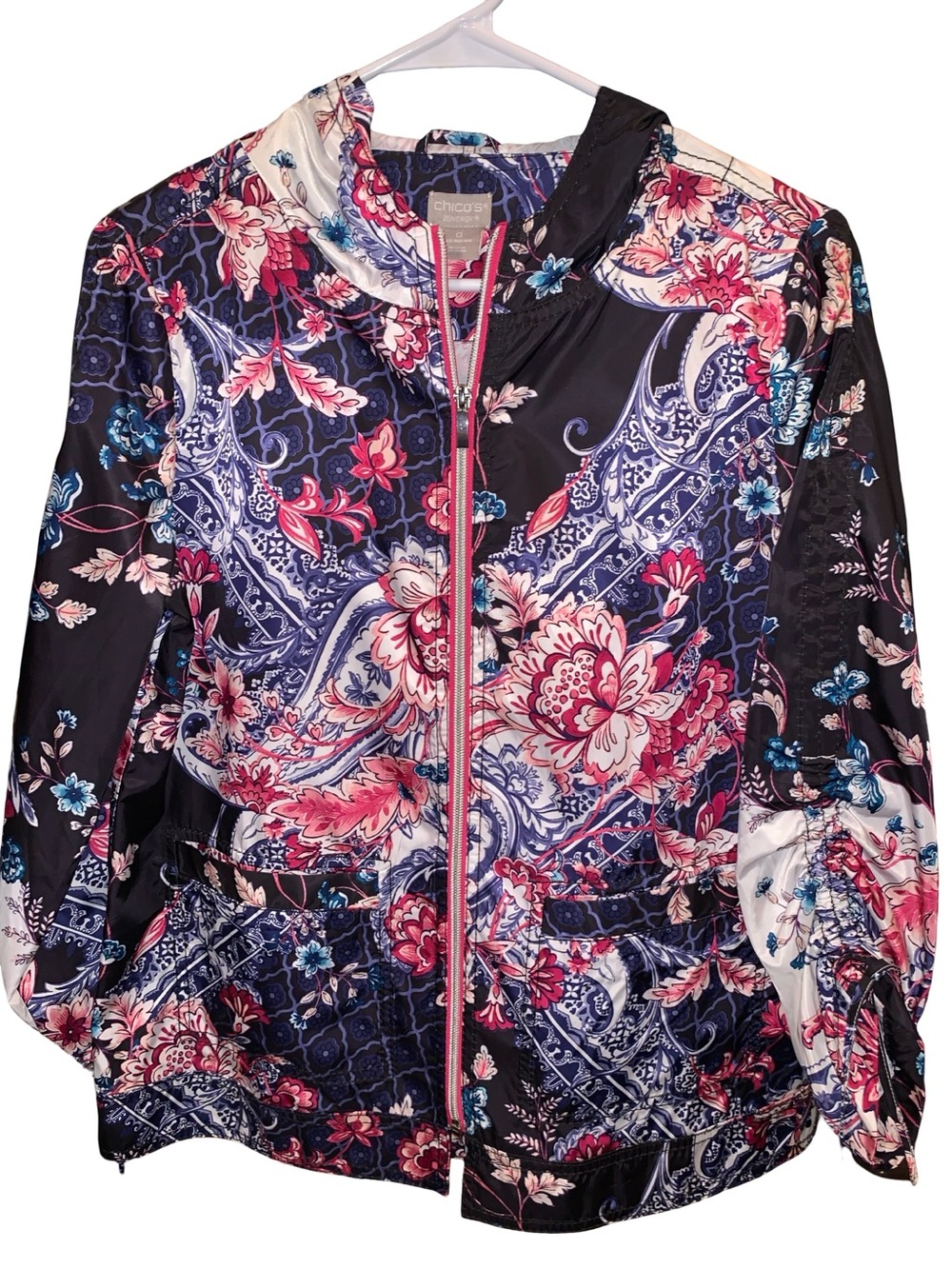 Chico's Navy Floral Zip-Front Bomber Jacket with Pink Accents